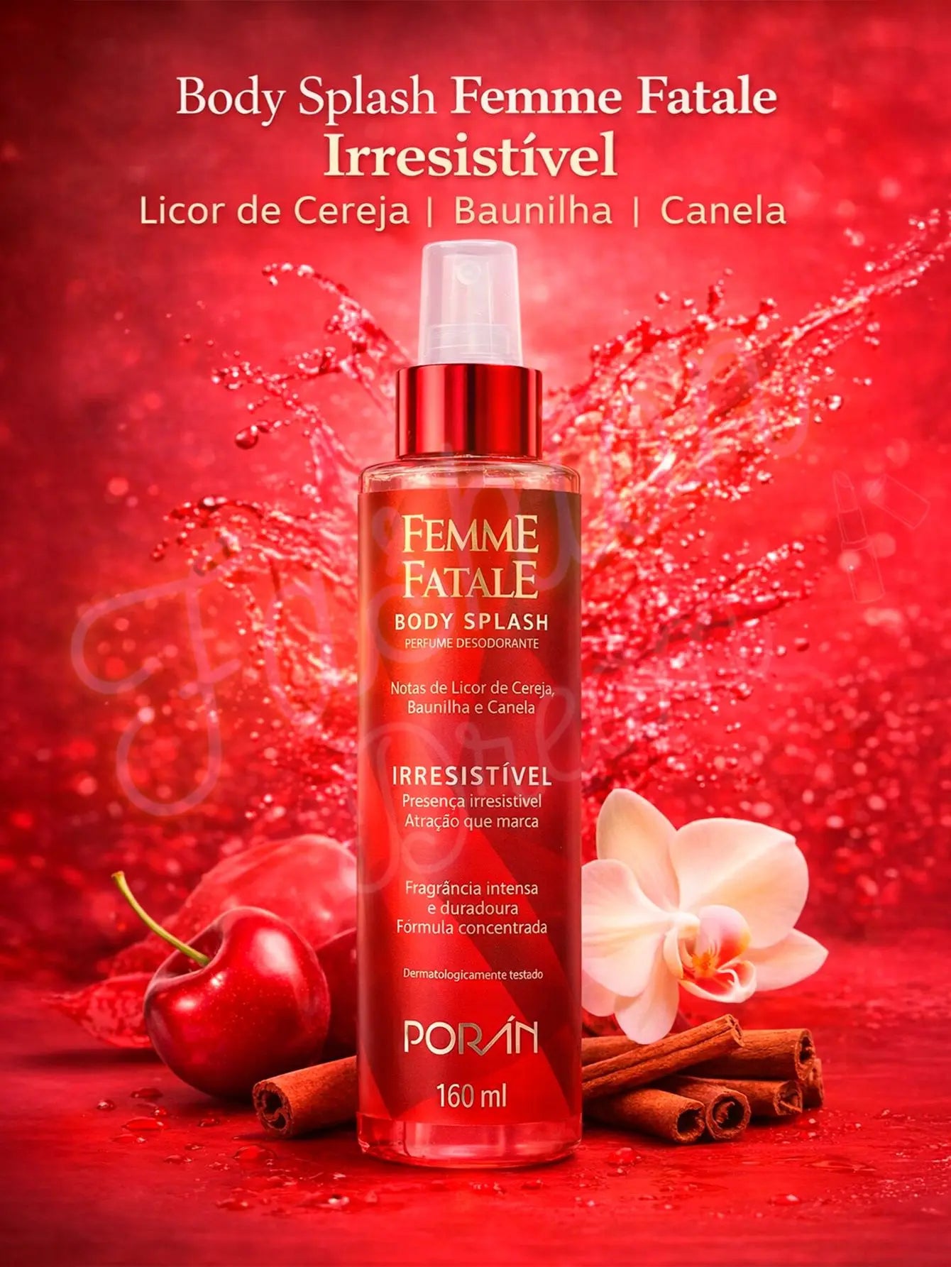 Body Splash Femme Fatale Irresistível Porán - Licor de Cereja e Brilho 160ml
